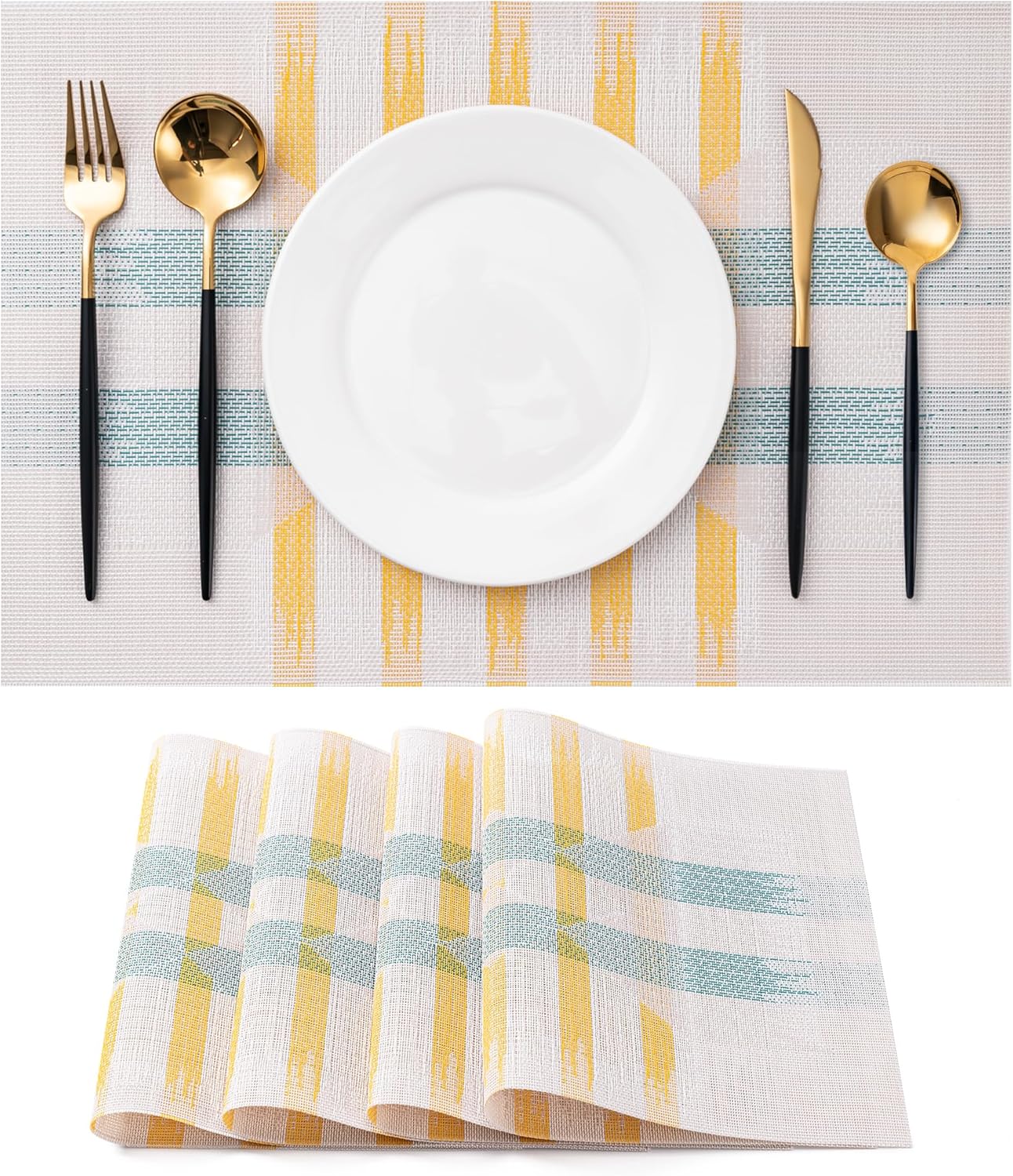 CADONO Placemats Set of 4 Washable Indoor/Outdoor Vinyl Place Mats for Dining Table Durable Non-Slip Heat Resistant PVC Weave Table Mats(Beige Green Cross)