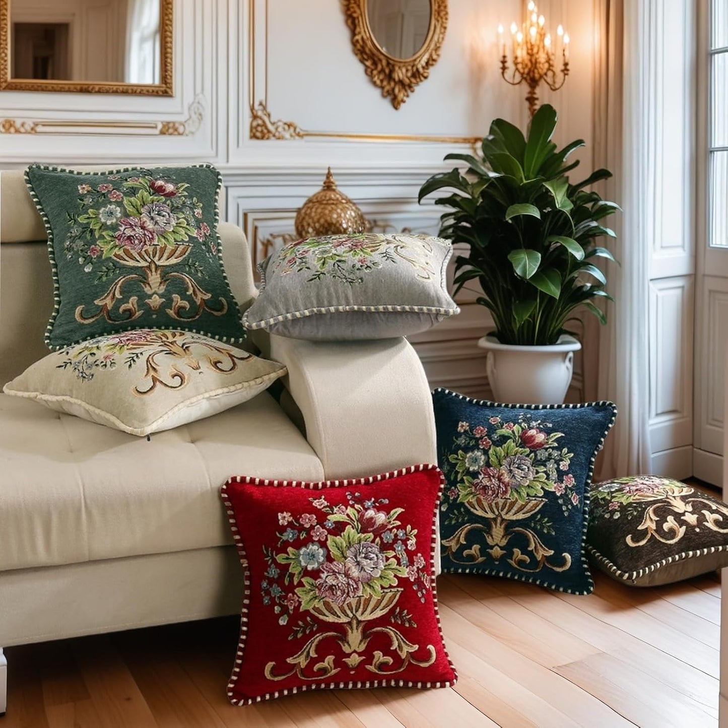 Set of 2 Blue Vintage Embroidered Throw Pillows Covers 18x18in,Vintage Decorations Floral Embroidered Cushion Cover for Sofa Couch Bed Chairs Car