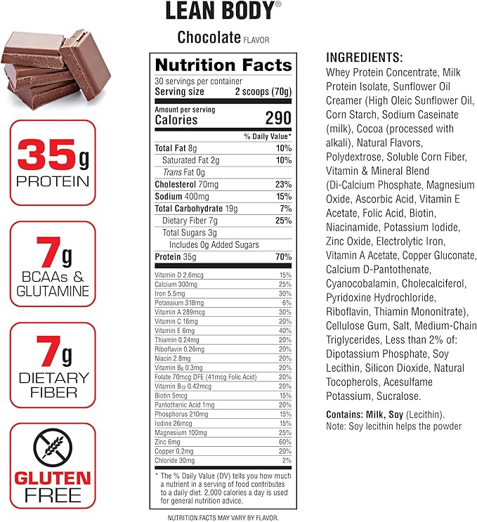 Lean Body All-in-One Chocolate Protein Shake. 35g Protein, 7g Healthy 22 Vitamins (4.6lb) Packaging