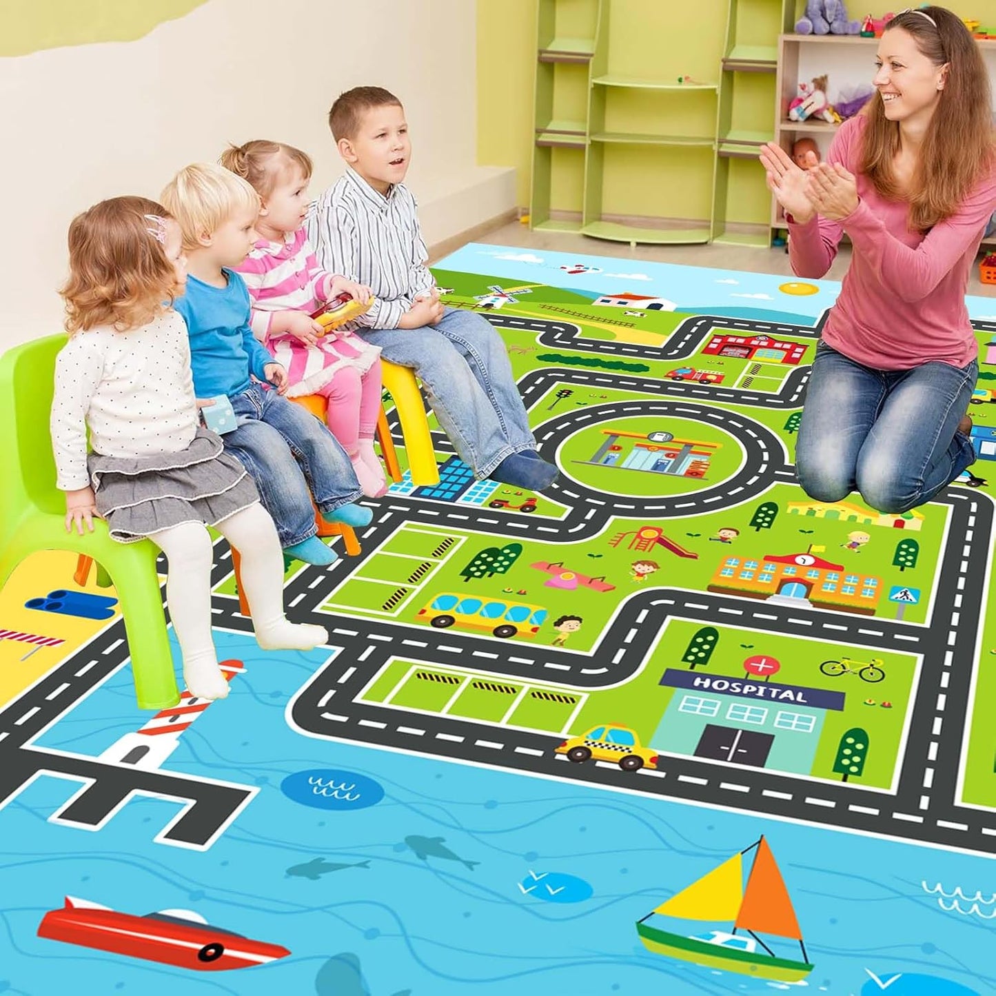 Kids Rug Playroom Car Rug Play Mat City Life Road Rugs Fun City Map for Kids Toy Cars Carpet for Bedroom Boys (Green-Rug, 5.2x7.9ft)
