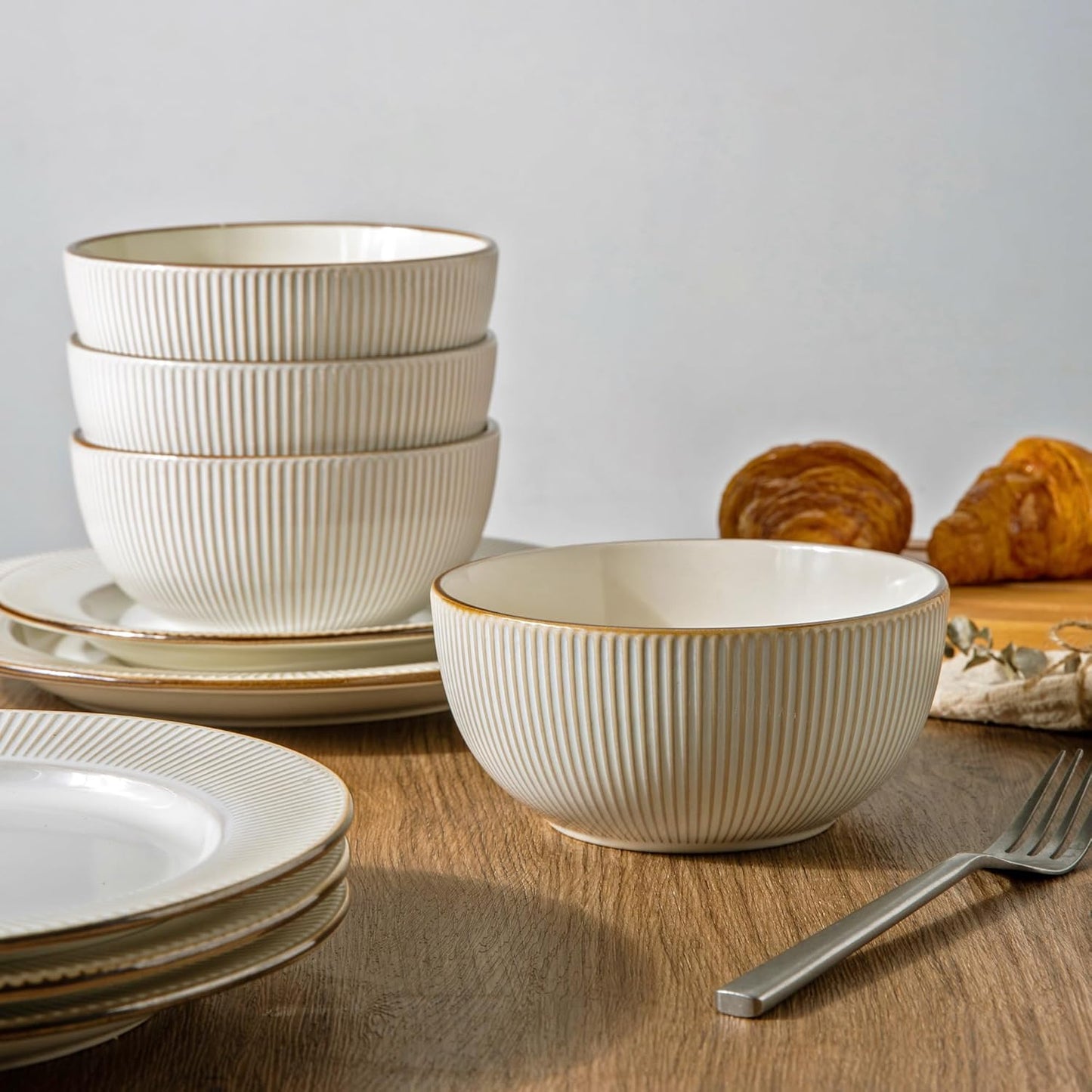 GBHOME Ceramic Dinnerware Sets,12 pcs Embossed Elegant Stoneware Plates and Bowls Sets, Housewarming Wedding Gift | Dishwasher & Microwave Safe | Dishes Set Service for 4