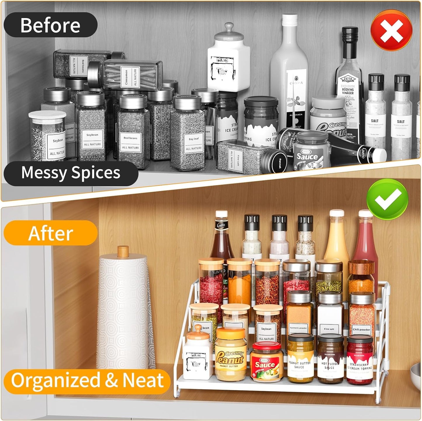 RCHYFEED Spice Rack Organizer for Cabinet, 4 Tier Spice Organization for Cabinet Depth Adjustable,Tierd Spice Rack Seasoning Organizer for Kitchen Countertop Pantry, Metal(1 Pack)