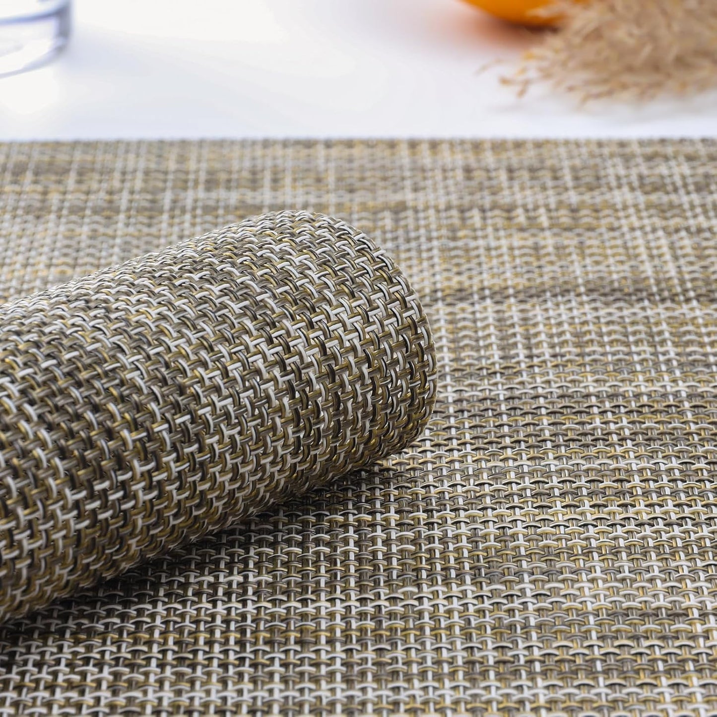 Myir JUN Placemats Set of 4, Vinyl Woven Placemats Place Mats Indoor Set of 4 Washable Table Mats Non-Slip Place mats for Dining Table (Caramel, Set of 4)