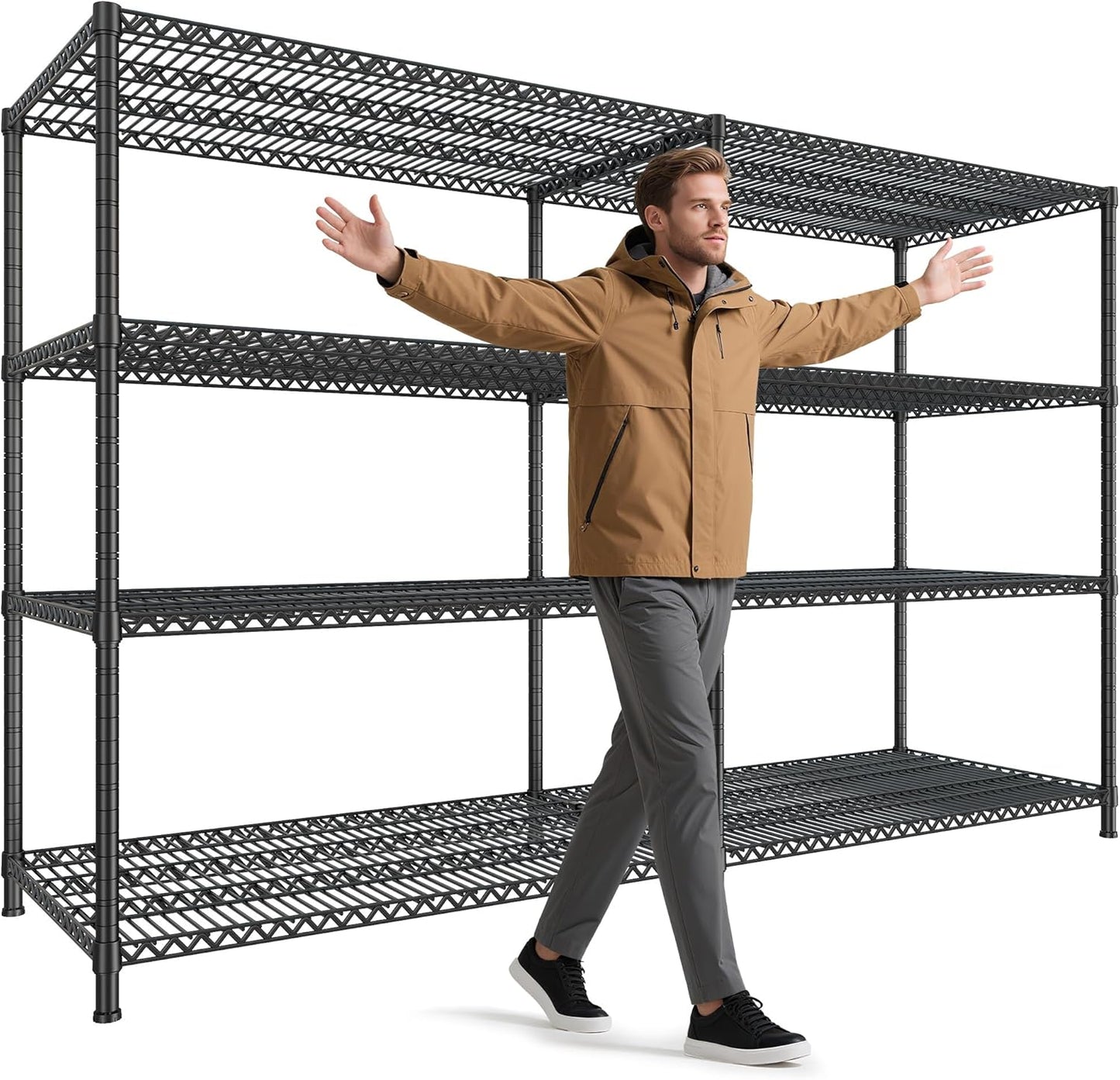 REIBII 81.5''W Storage Shelves 3680LBS Garage Shelving Heavy Duty 4 Tier Metal Shelving Unit Adjustable Wire Shelf and Storage Pantry Shelves for Kitchen Garage,81.5Wx23.62Dx70.86H,Black