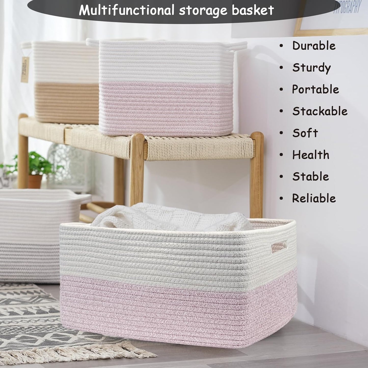 COMFY-HOMI Cotton Rope Woven Basket with Handles for Shelves,Toys,Book, Cloth Storage Baskets for Organizing-17" x 13" x 7.5" Toy Decorative Organizer for Living Room, Bathroom (white/pink)