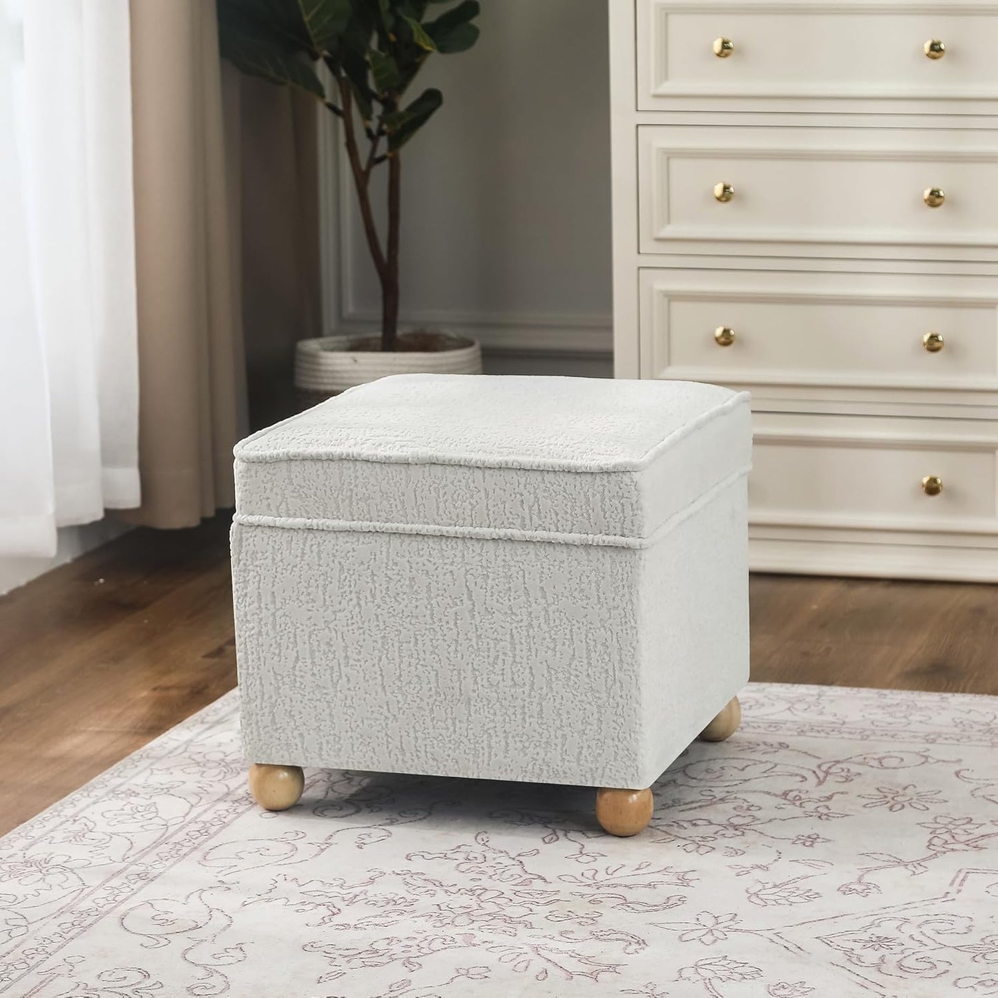 Adeco 17 Inch High Faux Fur White Cube Ottoman Storage, 3D Embossed Velvet Chair Foot Stools, Upholstered Vanity Stool with Hinged Lid, Solid Round Wood Legs