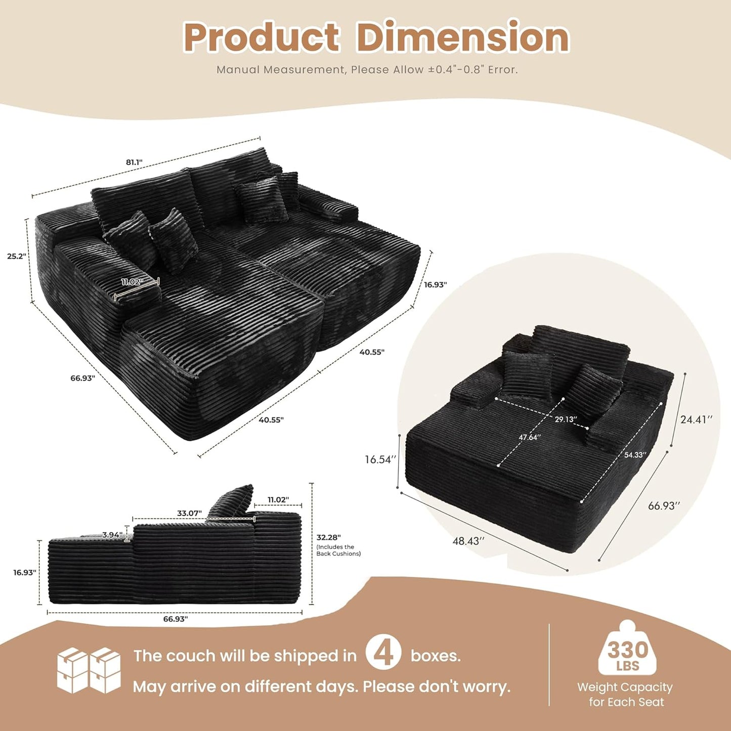 HOOOWOOO Cloud Sectional Couches for Living Room,Modular Sectional Sofa No Assembly,Plush Corduroy Large Floor Couch Furniture Set with Deep Seat Double Chaise and Singlar Lounge(Black)