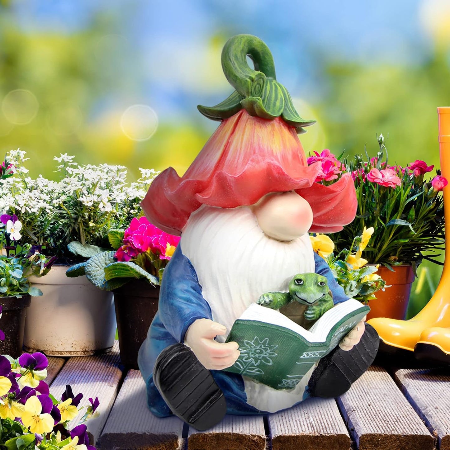 Garden Gnome Statue-Resin Gnome Figurine Hugging Turtle Reading Book with Solar LED Lights,Outdoor Summer Decorations for Patio Yard Lawn Porch,Garden Ornament Gift