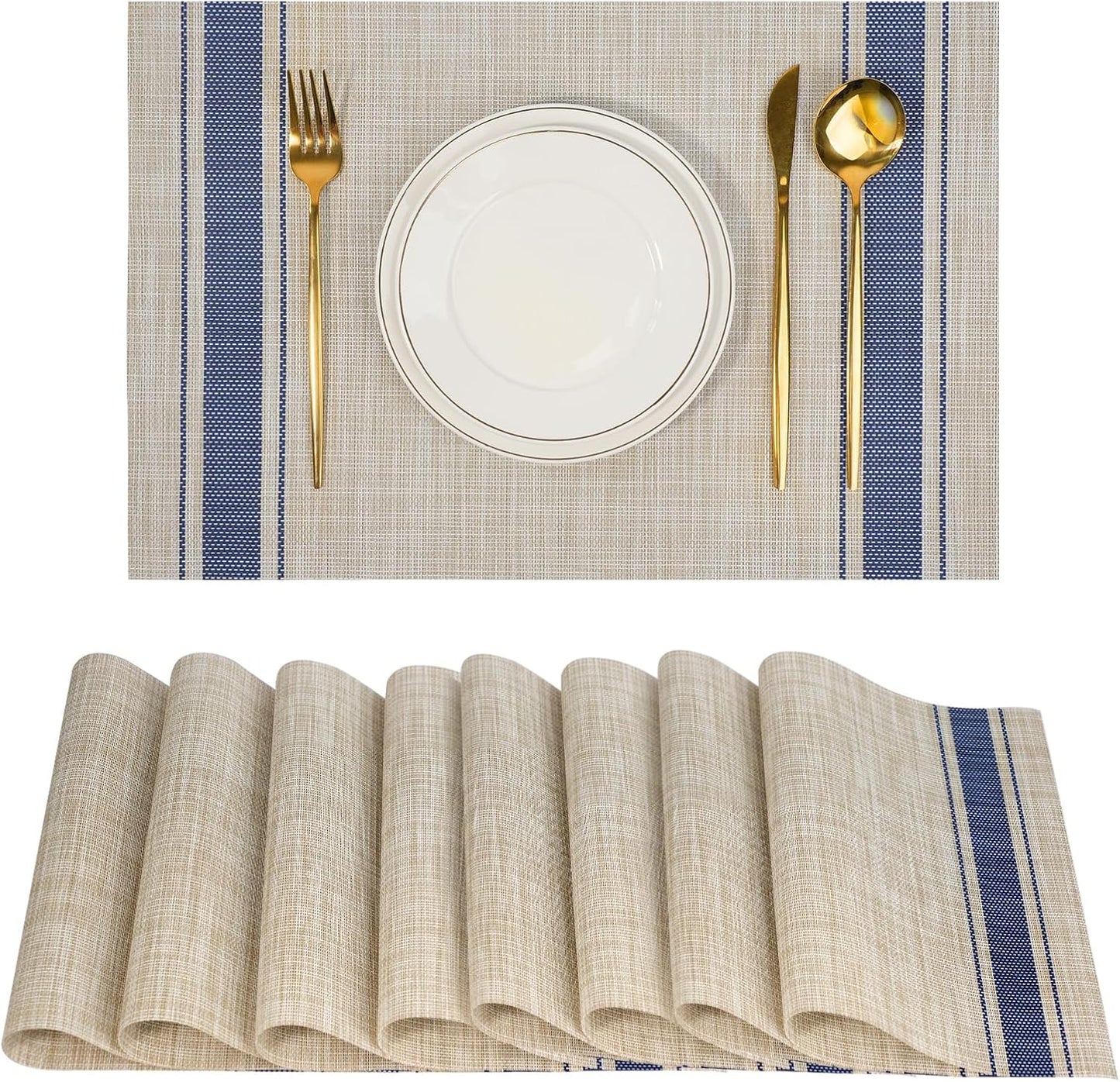 Placemats Set of 8,Non-Slip PVC Weave Table Mats Easy to Clean,Heat Resistant Place Mats for Kitchen Dining Table Decoration Indoor Outdoor,Khaki Blue