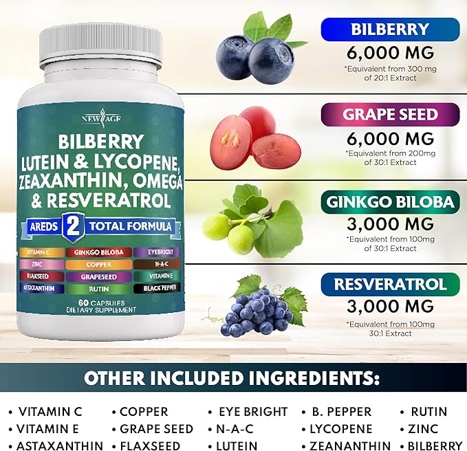 NEW AGE Eye Health Vitamins 6000mg Lutein 40mg Lycopene 40mg Resveratrol 3000mg Grape 6000mg Astaxanthin 180 Count