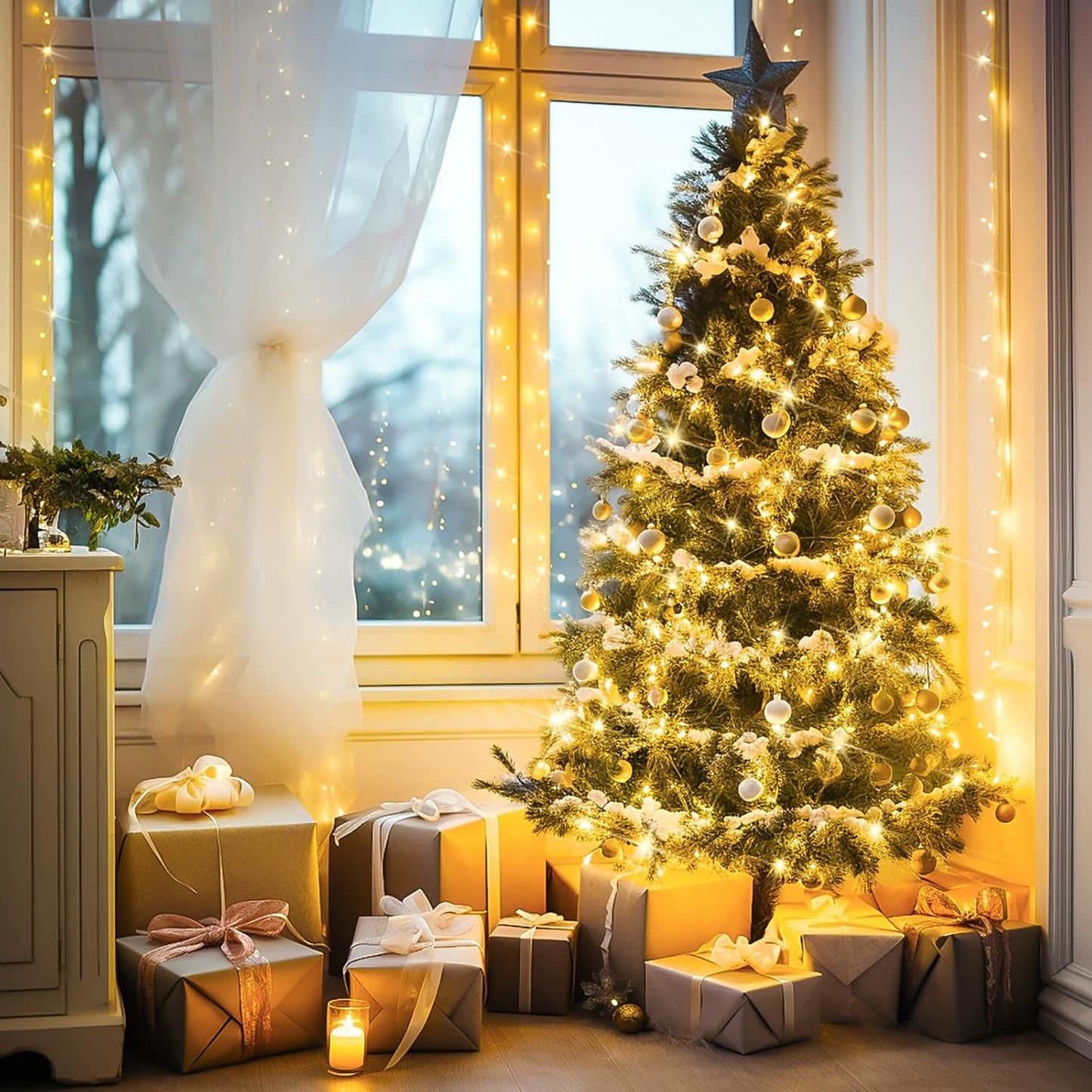 JMEXSUSS Connectable Warm White String Lights Indoor Bedroom, 8 Modes Christmas String Light Plug in Christmas Tree Lights, 33ft 100 LED Fairy Twinkle Light Outdoor for Home Garden Xmas Tree Decor