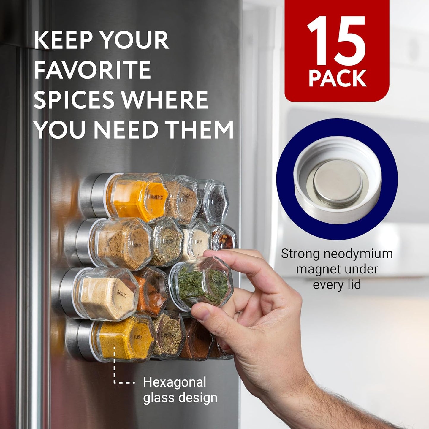 IMPRESA Hexagon Magnetic Spice Jars - 15 Pack 1.74 oz Glass Jars With Stainless Steel Lids - Airtight Magnetic Seasoning Containers & Space-Saving Honeycomb Fridge Magnets - 60 Preprinted Labels