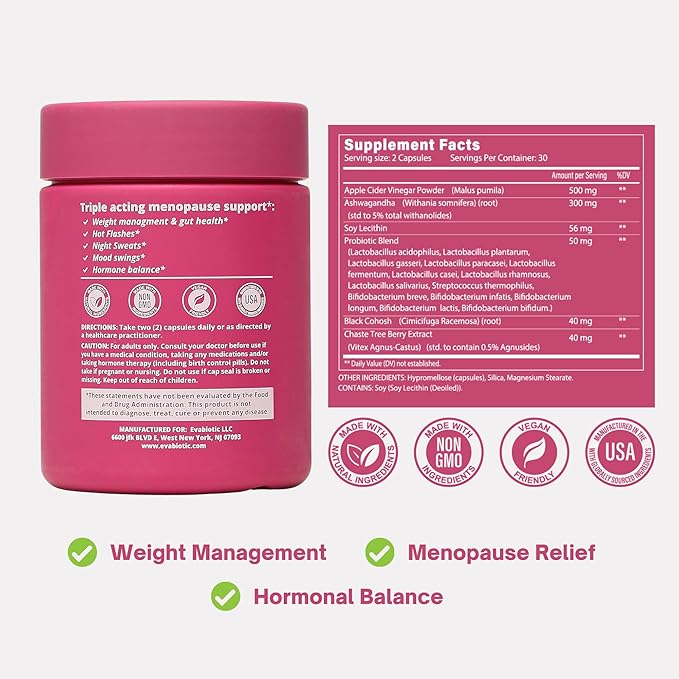 Complete Menopause Support | Ashwaghanda, Probiotics, ACV + Chasteberry for Weight Management, Hot Flashes, Night Sweats, Bloat, Hormone Balance & Mood Swings* | Non GMO, Vegan 60 Caps