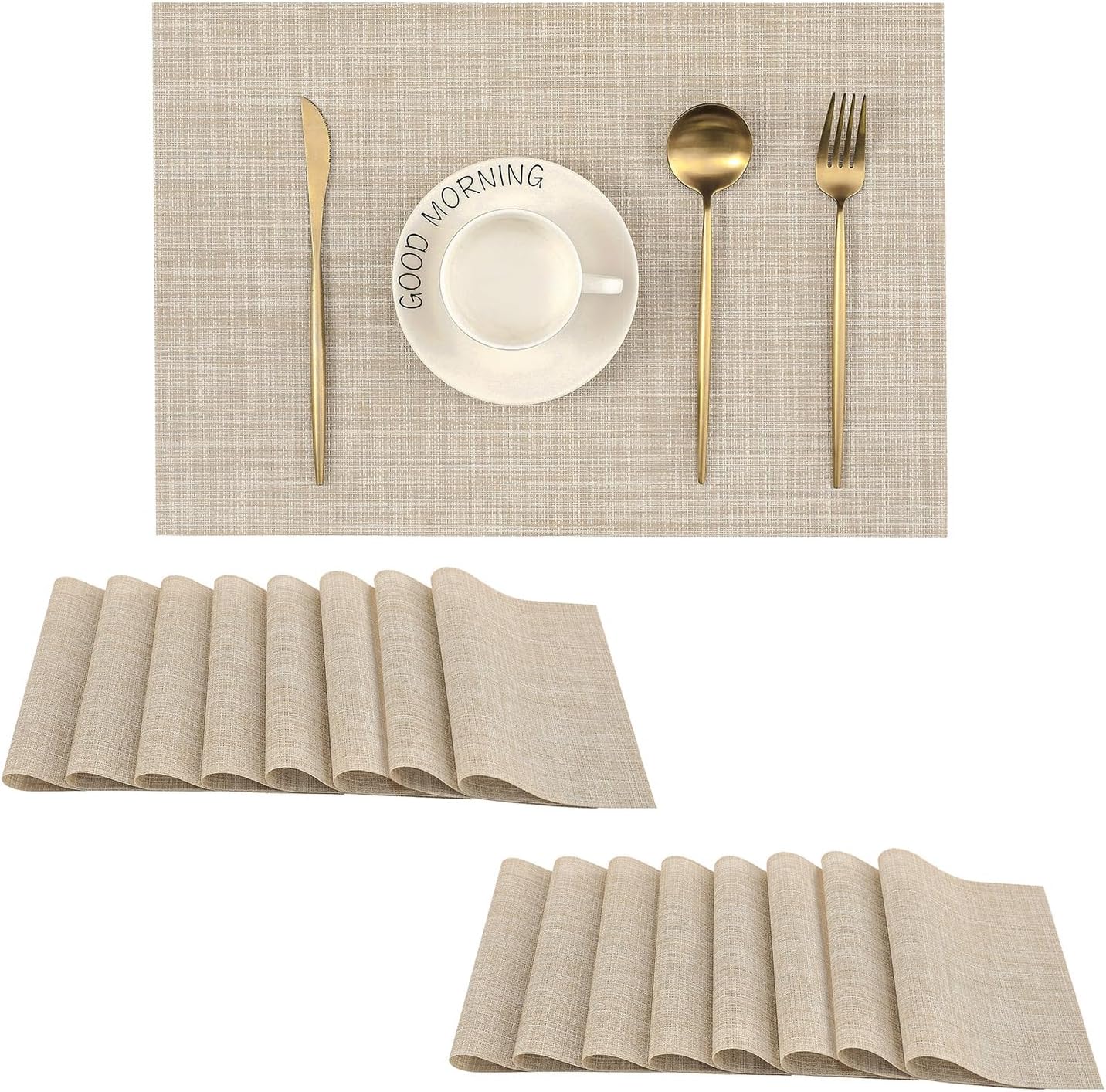 Leetaltree Beige Placemats Set of 16 - Heat Resistant Non-Slip Place mats for Dining Table, Washable Durable PVC Vinyl Woven Table Mats(Beige, 16)