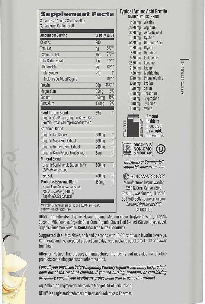 Sunwarrior Vegan Protein Powder Plant-Based USDA Organic BCAAs | Sugar Free Gluten Free Non-GMO Dairy Free | Vanilla Flavored 20 Servings | Sport Organic Active Protein