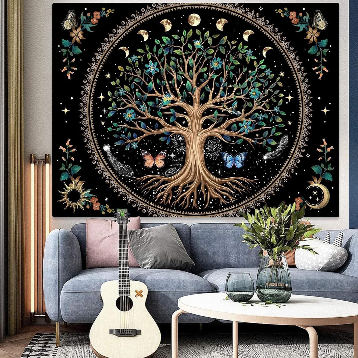 Lunerfex Tree of Life Tapastry Sun and Moon Tapastry Flower Boho Tree Mandala Wall Hanging for Bedroom and Living Room Decor Green Tree 60×80 Inches