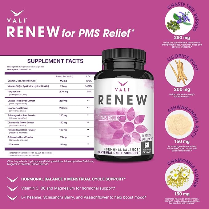 VALI Renew PMS Relief Supplement. Women’s 60 Veggie