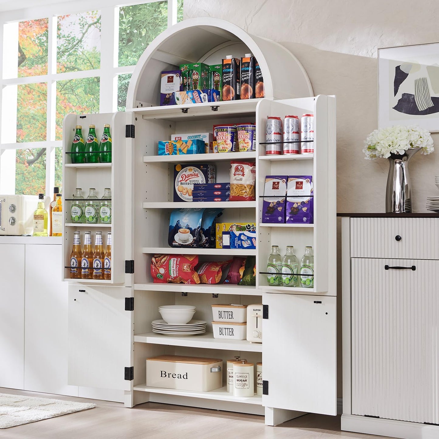 71" Tall Arched Bathroom Storage Cabinet, Modern Fluted Storage Cabinet w/Doors, 3 Adjustable Shelves, 6 Door Shelves, Wood Freestanding Cabinet for Bathroom, Entryway, Hallway, Antique White