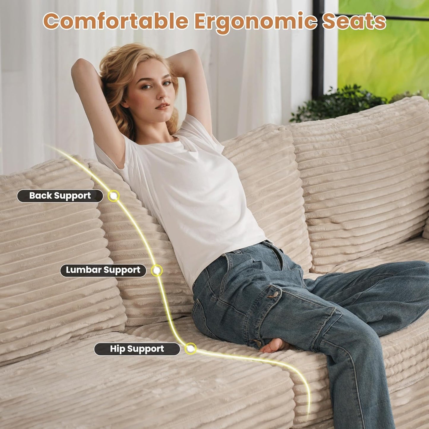 ovios Sectional Sofa Couch with U-Shape Chaise Ottomans, Comfy Modular Cloud Couches with Deep Seat, Modern Upholstered Plush Corduroy Sofas Set for Living Room, 6-Seater, Beige