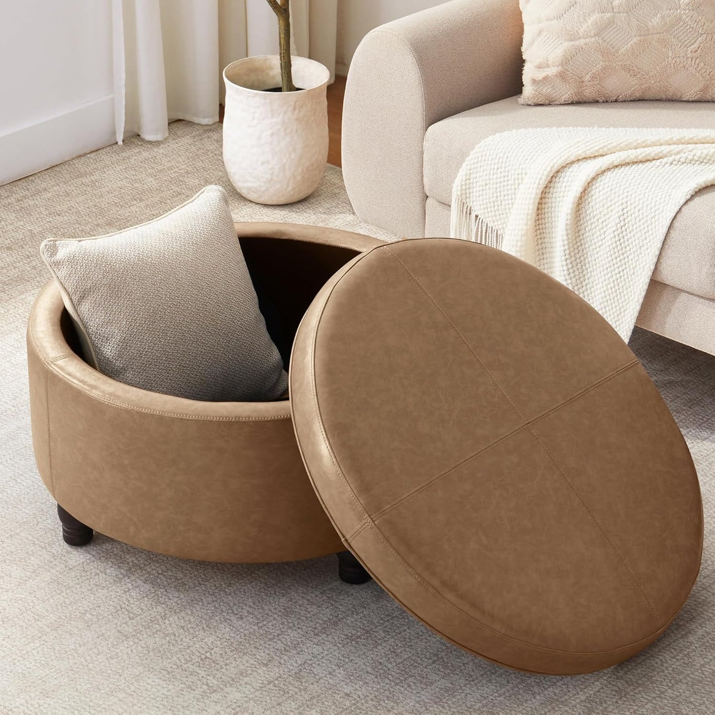 30-Inch Round Storage Ottoman, Modern Ottoman Coffee Table with Removable Top for Living Room, Bedroom, Office (Light Brown)
