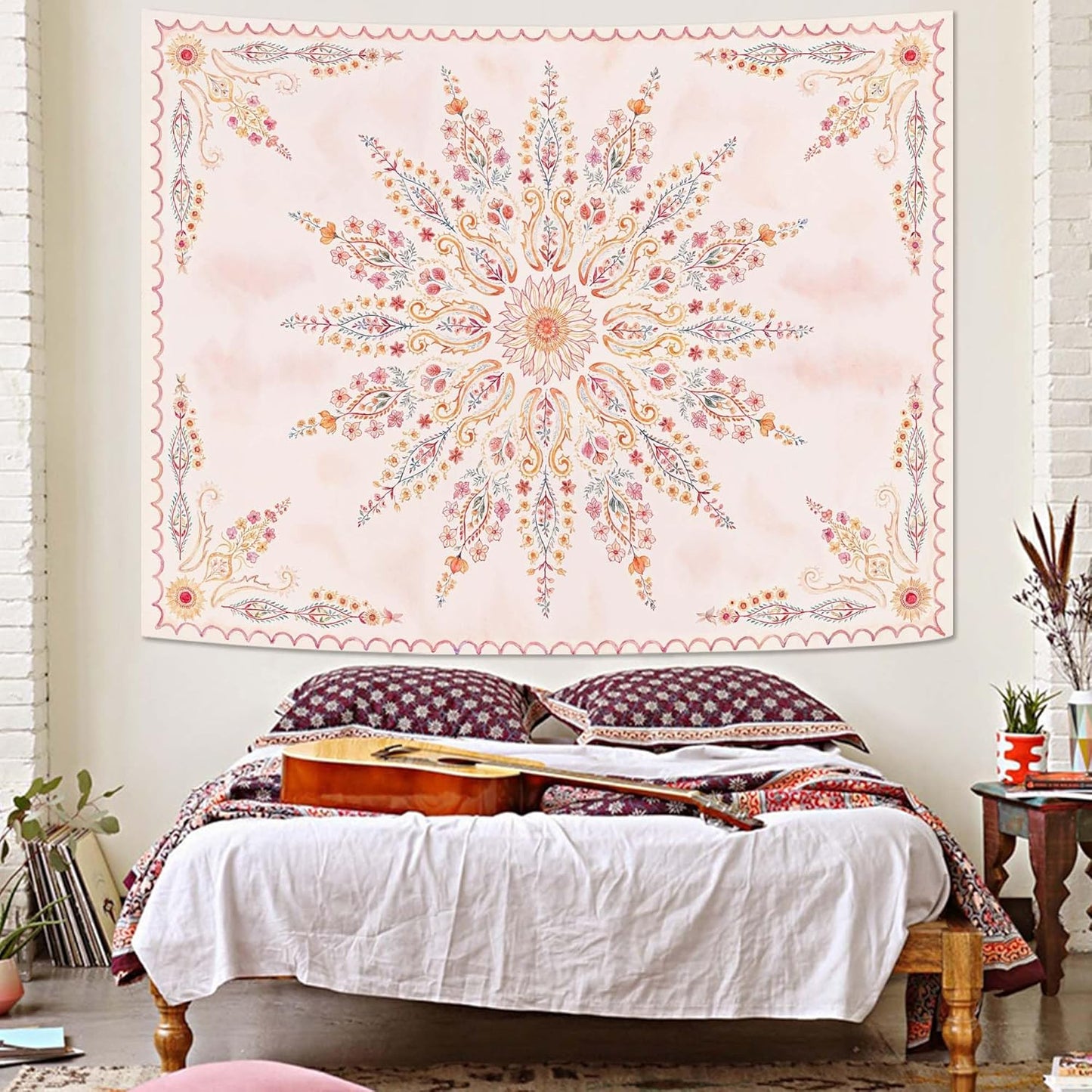 Fowocu Boho Floral Mandala Tapestry for Bedroom Aesthetic Pink Bohemian Flower Wall Tapestry Watercolor Hippie Indian Small Tapestries Wall Hanging for Living Room Dorm Decor 40 x 30 Inch