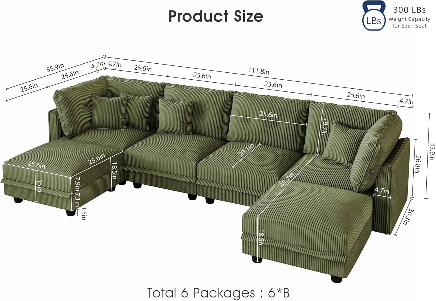 LLappuil Modular U-Shaped Sectional Sofa with Storage, 6-Seat Convertible Corduroy Couch with 6 Back Cushions & 6 Throw Pillows, Large L-Shaped Sofa for Living Room, Green