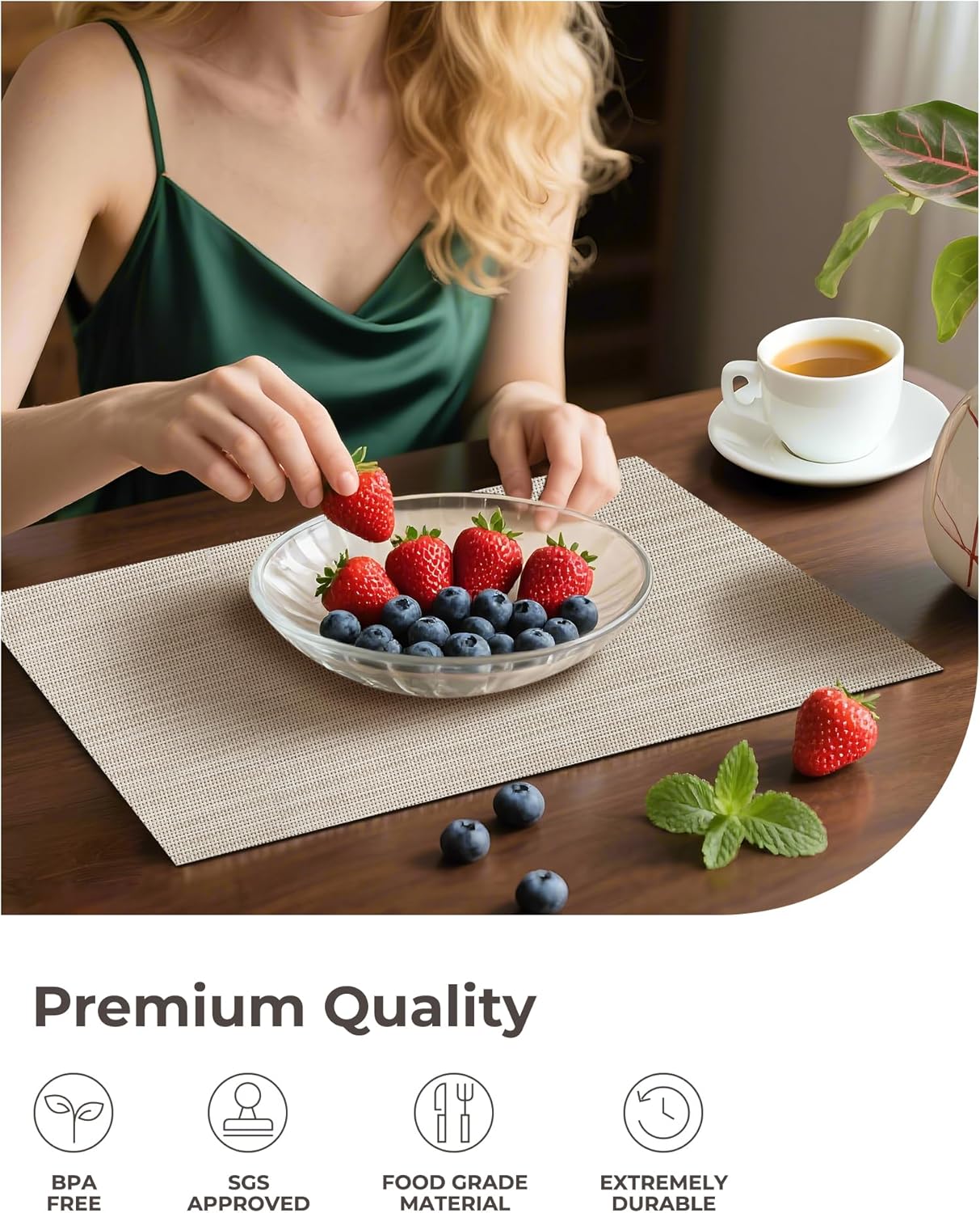 Leetaltree Beige White Placemats Set of 4 - Heat Resistant Non-Slip Place mats for Dining Table, Washable Durable PVC Vinyl Woven Table Mats(Beige White, 4)