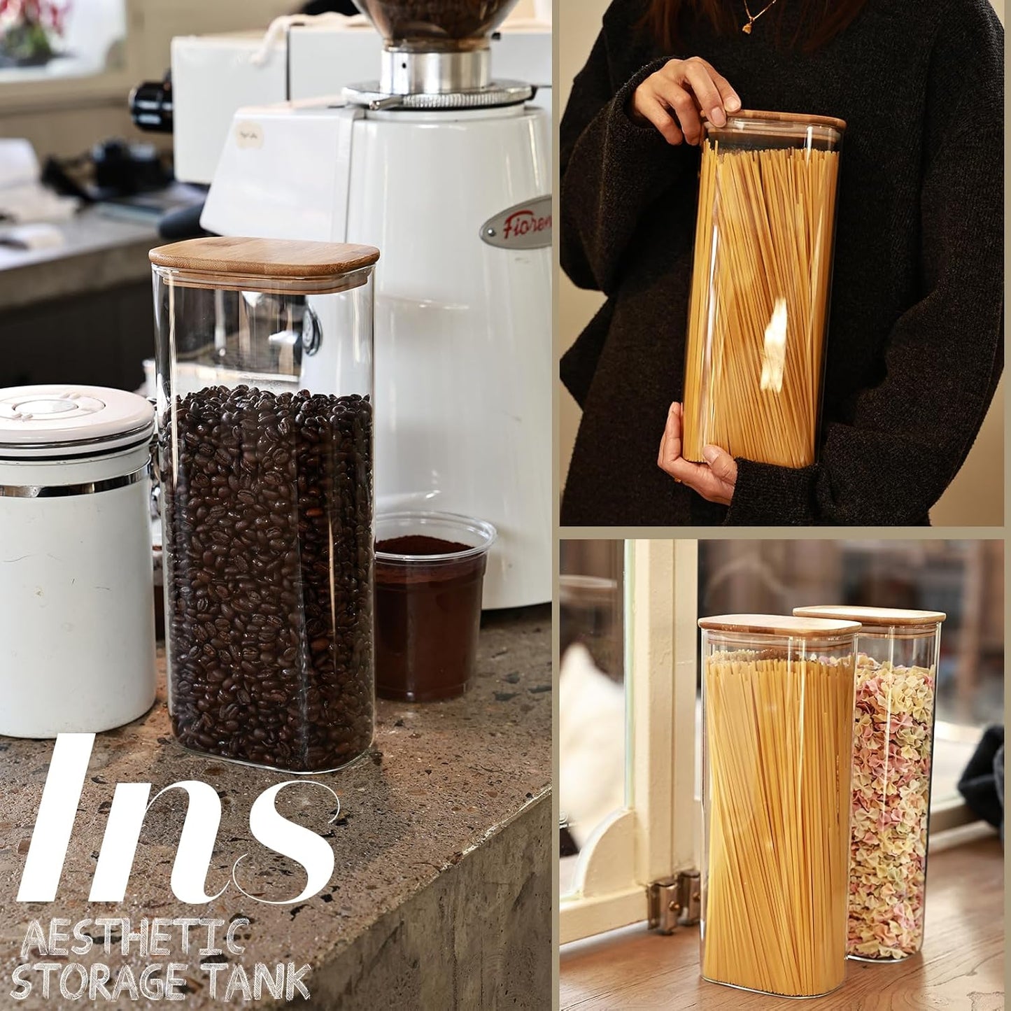 Liuruiyu Glass Storage Jars Set of 3, Clear Glass Food Storage Containers with Airtight Bamboo Lid Stackable Kitchen Canisters for Candy,Cookie,Rice,Sugar,Flour,Pasta(Flat)