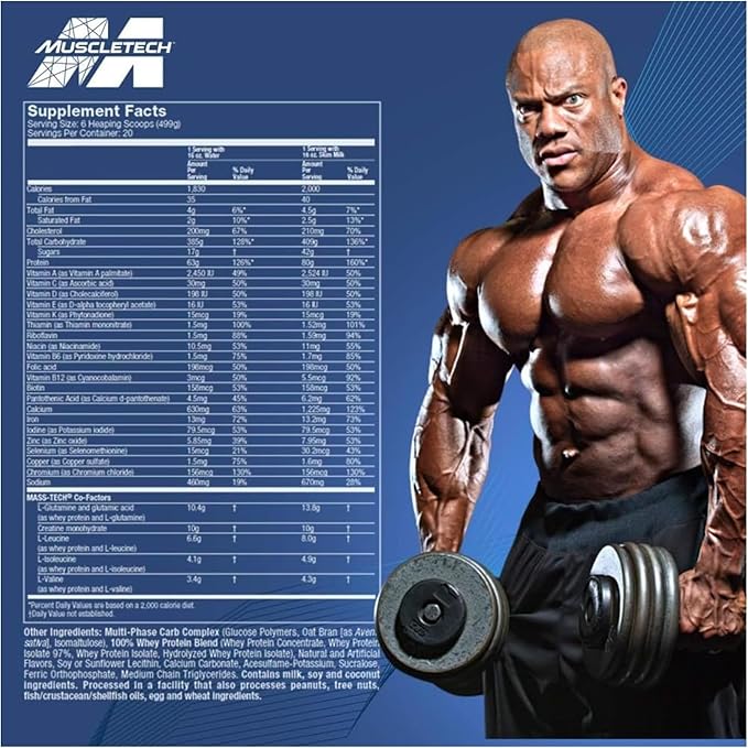 MuscleTech Mass Gainer Protein Powder, Mass-Tech Extreme 2000, Muscle Builder Whey Protein Powder, Protein + Creatine + Carbs, Max-Protein Weight Gainer for Women & Men, Vanilla, 20 lbs