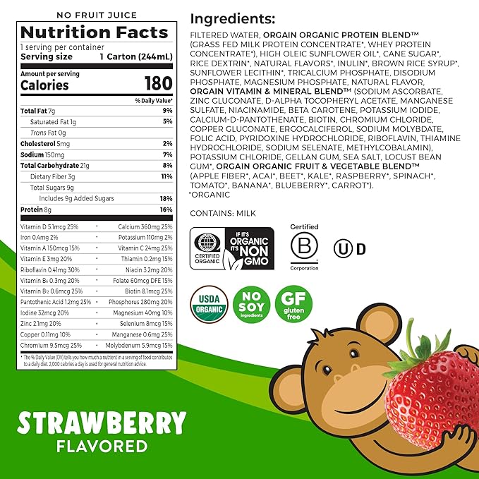 Orgain Organic Kids Nutritional Protein Shake, 8g Dairy 3g of 22 Vitamins 8.25 Fl 12)