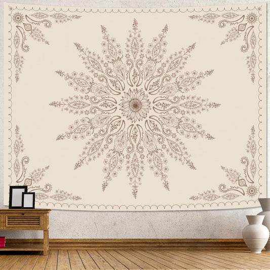 Fowocu Boho Floral Mandala Tapestry for Bedroom Aesthetic Bohemian Flower Wall Tapestry Beige Hippie Indian Small Tapestries Wall Hanging for Living Room Dorm Decor 48 x 36 Inch