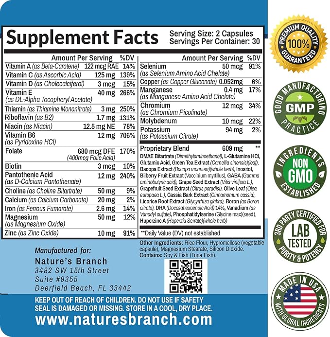40-in-1 Brain Booster Supplement For Focus, Memory, Clarity, Energy | Advanced Vitamins Plus eBook | For Men & Women, Cognitive Function Nootropic Support with DMAE, Brain Health Formula | 60 Capsules