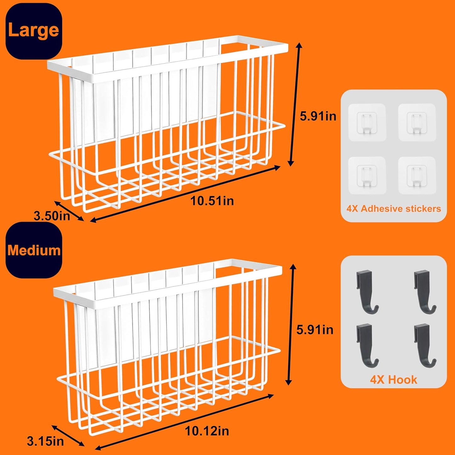 Magnetic Basket for Fridge, Magnetic Fridge Basket, Foil and Plastic Wrap Organizer with 4 hooks, Laundry Room Organization for Dryer Ball, Cling Film, Mail, Umbrella, White, 2 Pack