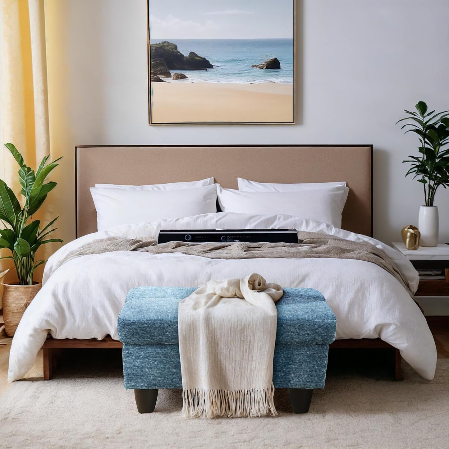 Ottoman Rectangular Storage Ottoman Bench, Flannel Footrest Stool Footstool with Lid for Living Room, Bedroom, Entryway, Light Blue, 28.5"x19"x17.5"