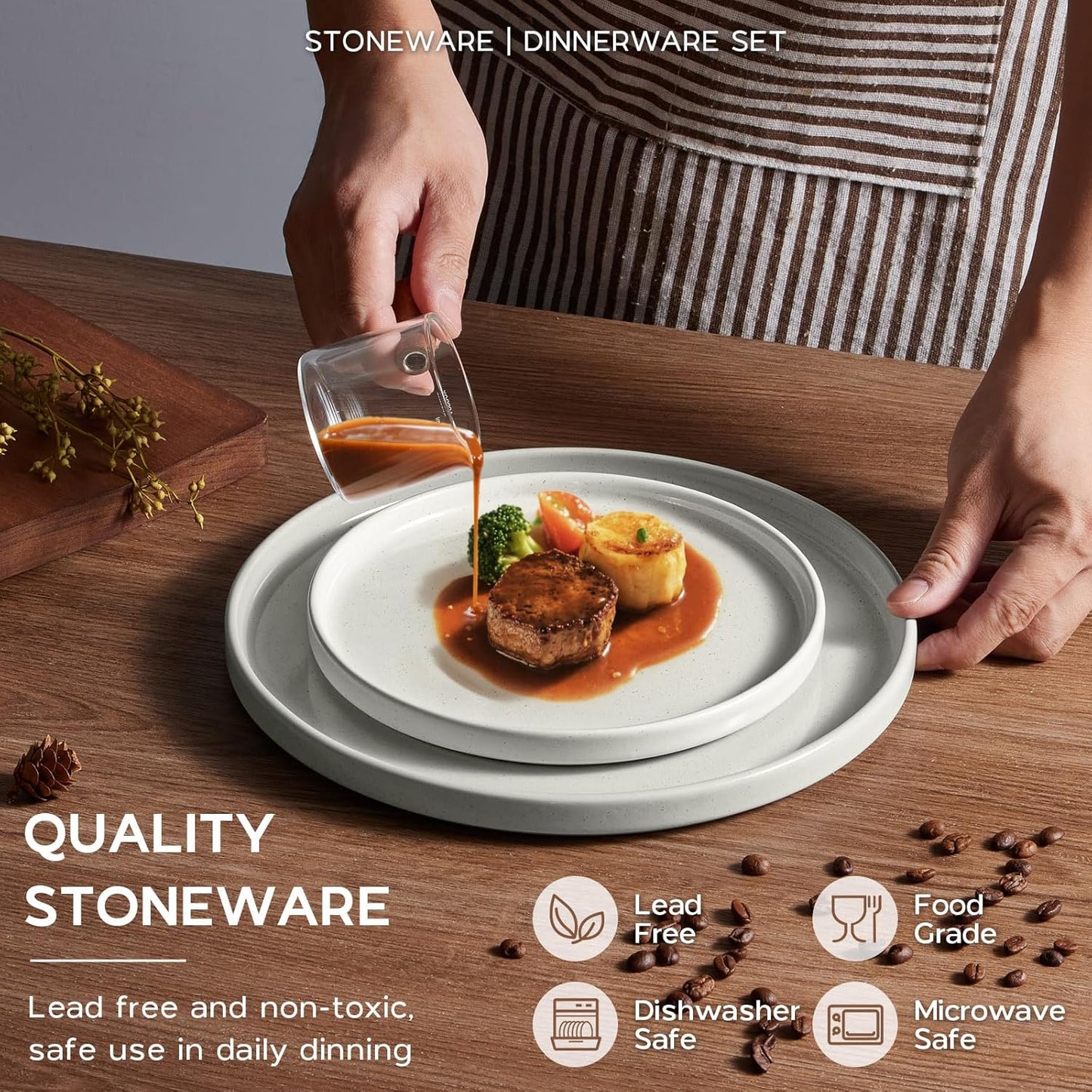 Stoneware Dinnerware Sets for 4 with Pasta Bowl, Onader 16 Piece Plates and Bowls Dish Set, Speckled Kitchen Dishware Dining Ware, Microwave & Dishwasher Safe - Cloud White