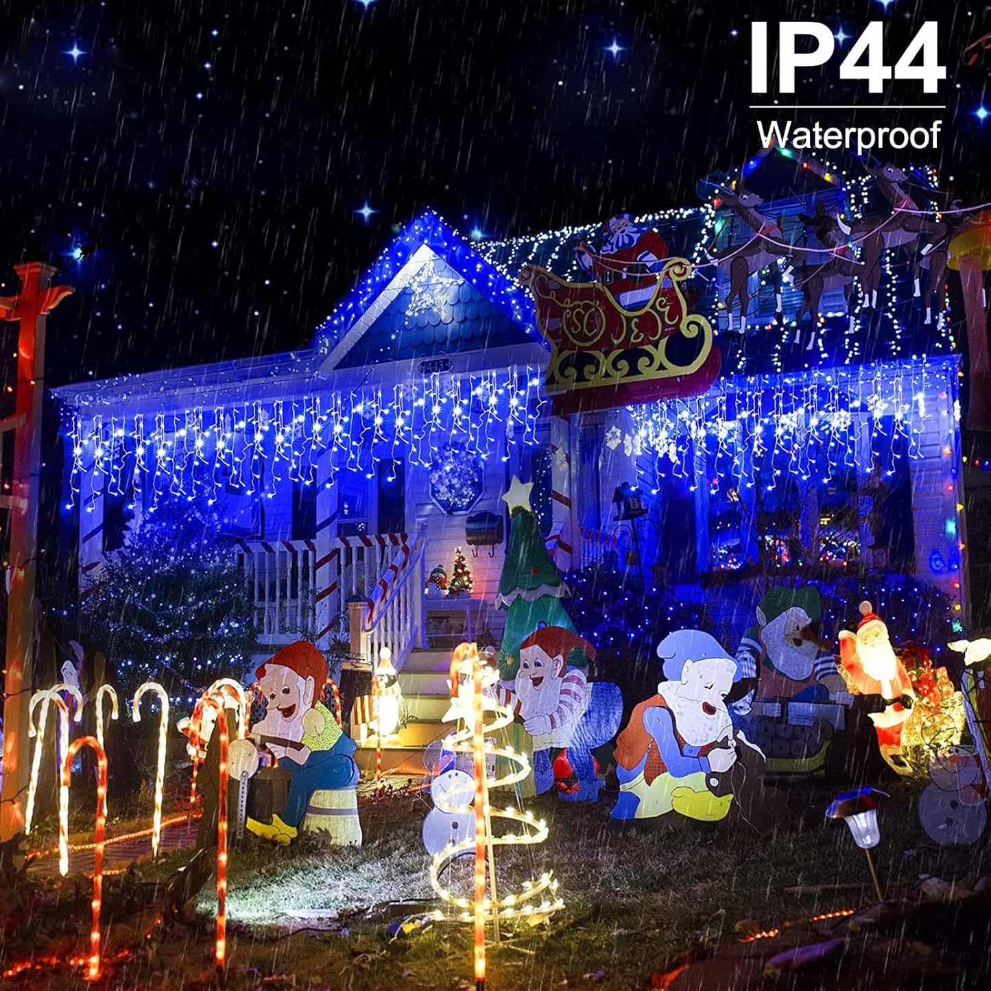 Brightown Blue Icicle Lights, 66Ft 736 LED Outdoor with 138 Drops, 8 Modes Remote and Timer for Halloween, Hanukkah