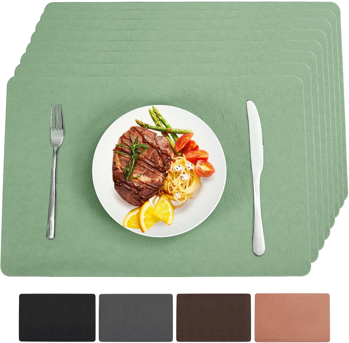 Vinyl Placemats Set of 8 Heat Resistant Easy Clean Non-Slip Place Mats for Dining Table. Faux Leather Waterproof Stain Resistant Wipeable Washable PU Table Mats(8, Green)