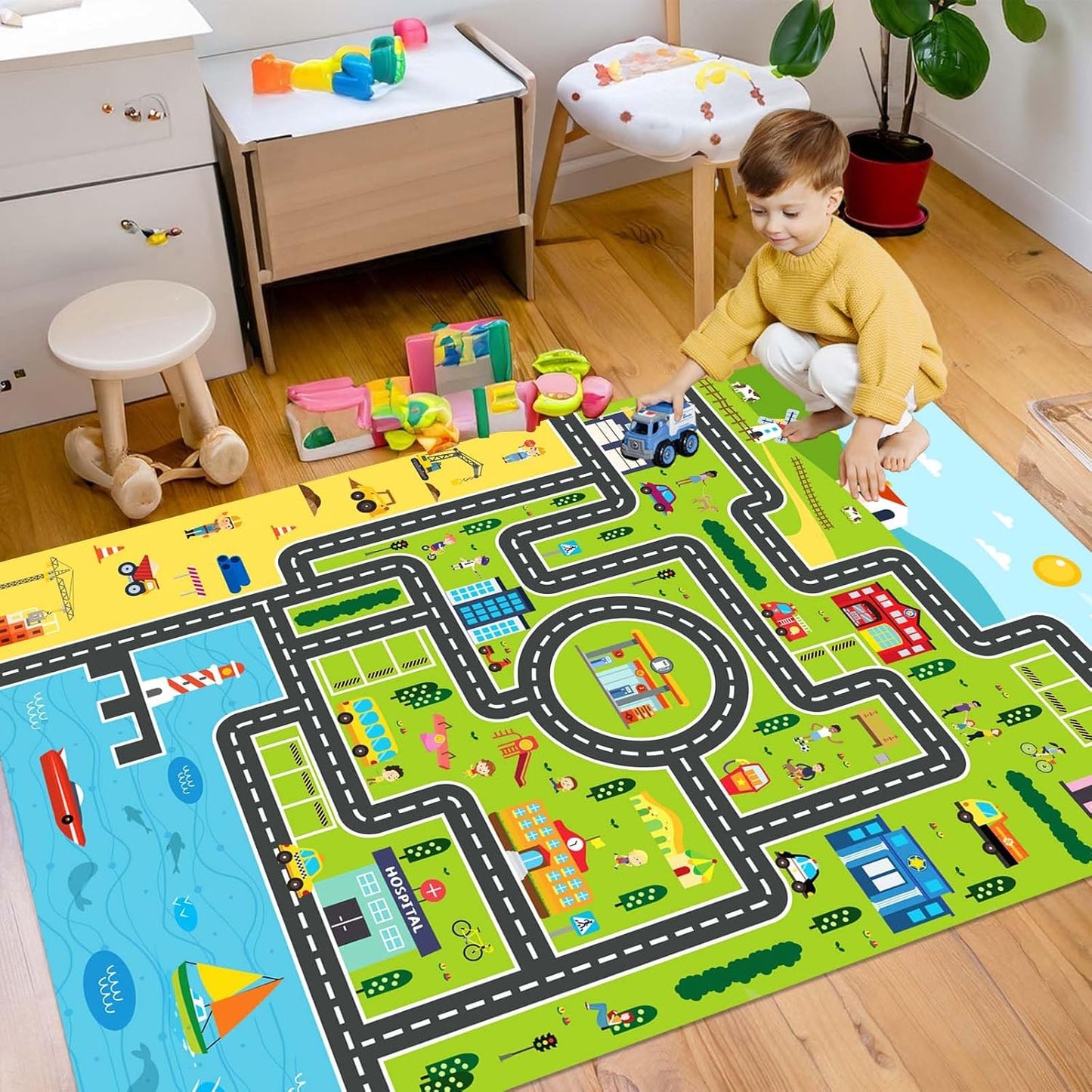 Kids Rug Playroom Car Rug Play Mat City Life Road Rugs Fun City Map for Kids Toy Cars,Carpet for Bedroom Boys (Green-Rug, 4x6ft)