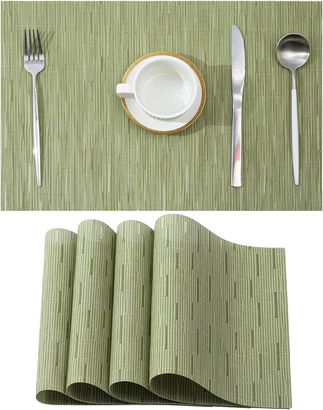 Leetaltree Pea Green Placemats Set of 4 - Heat Resistant Non-Slip Place mats for Dining Table, Washable Durable PVC Vinyl Woven Table Mats(Pea Green, 4)