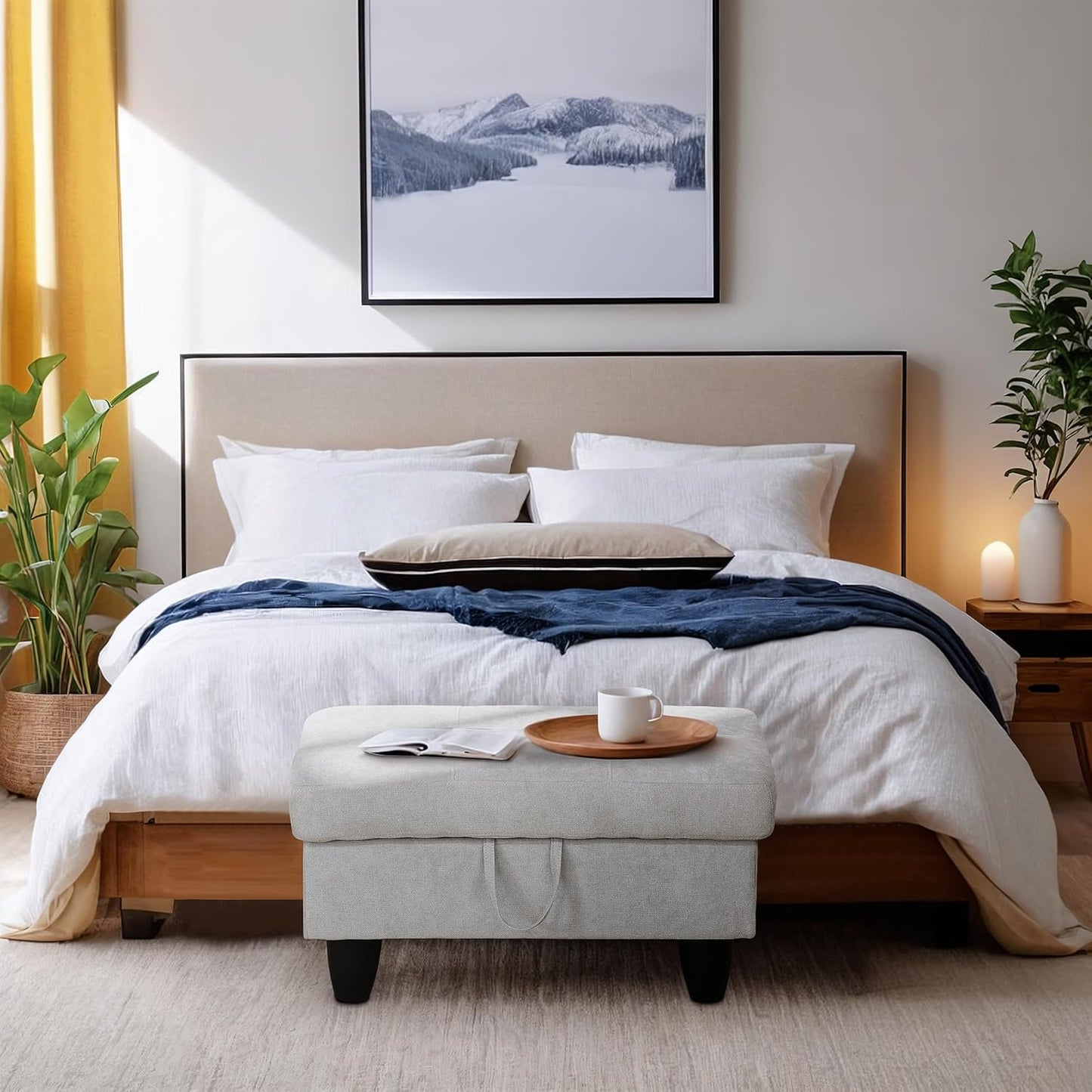 Ottoman Rectangular Storage Ottoman Bench, Flannel Footrest Stool Footstool with Lid for Living Room, Bedroom, Entryway, Khaki, 28.5"x19"x17.5"