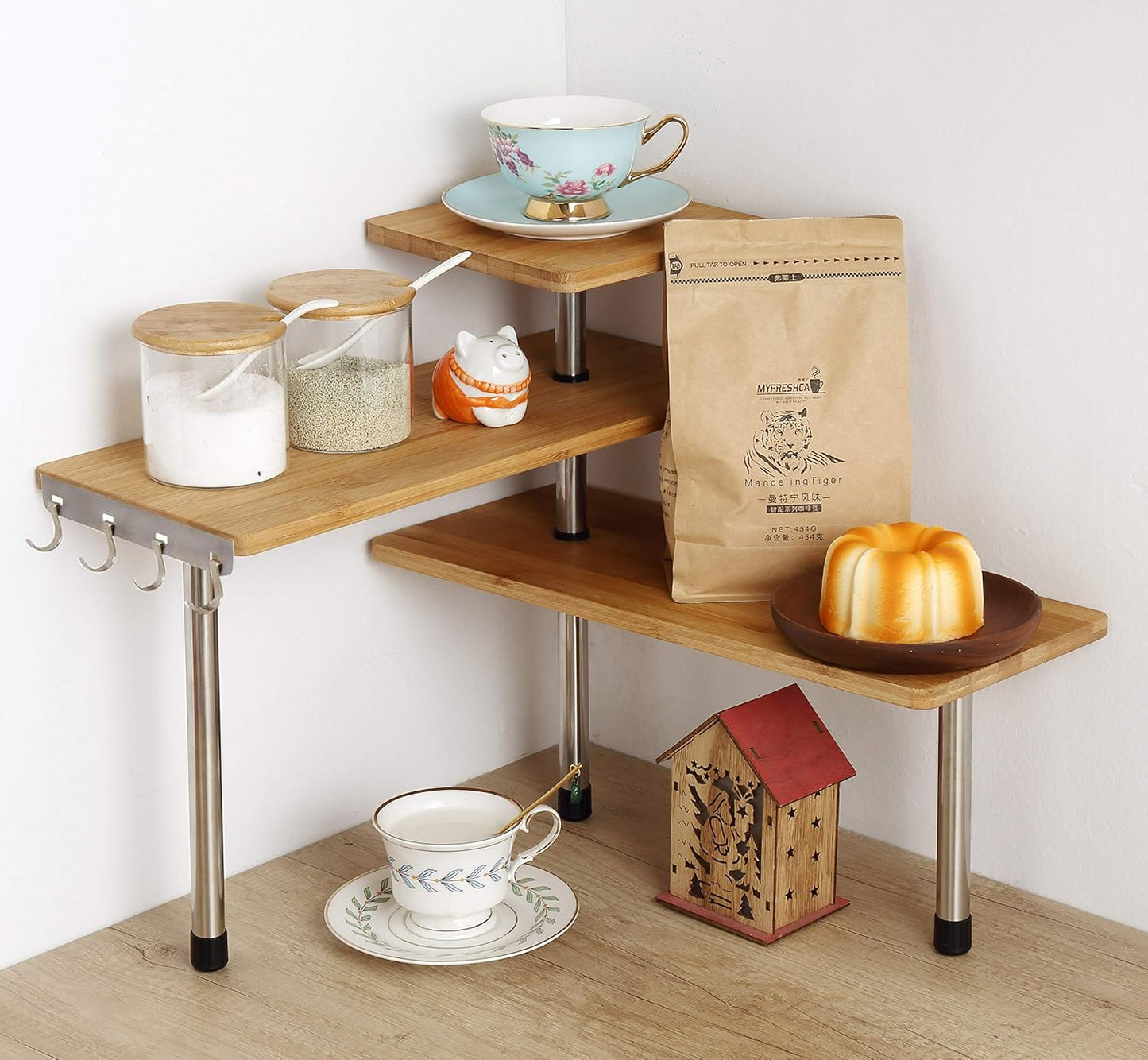 HYNAWIN Corner Shelf, 3 Tier Bamboo & Metal Storage Spice Rack-Desk, Space Saving Bookshelf with Hooks, Adjustable Display Shelf for Creative Home Décor Kitchen, Bedroom, Office (21CO)