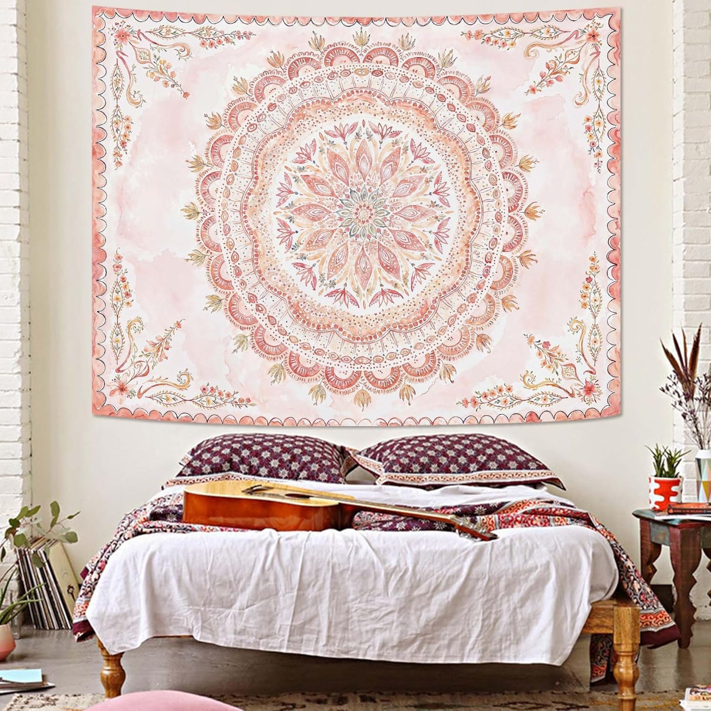 Fowocu Boho Floral Mandala Tapestry Wall Hanging Pink Bohemian Flower Medallion Tapestry Aesthetic Watercolor Hippie Indian Small Tapestries for Bedroom Living Room Dorm Decor 60 x 44 Inch