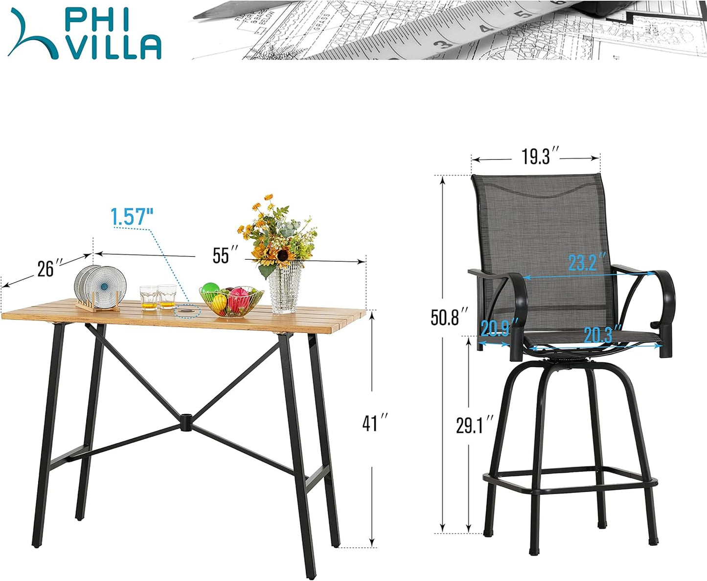 PHI VILLA 5 Piece Patio Bar Set, High Top Outdoor Dining Table and Chairs with Swivel Bar Stools (Gray) & Wood-Like Steel Rectangle Bar Table for Yard, Deck, Garden and Kitchen