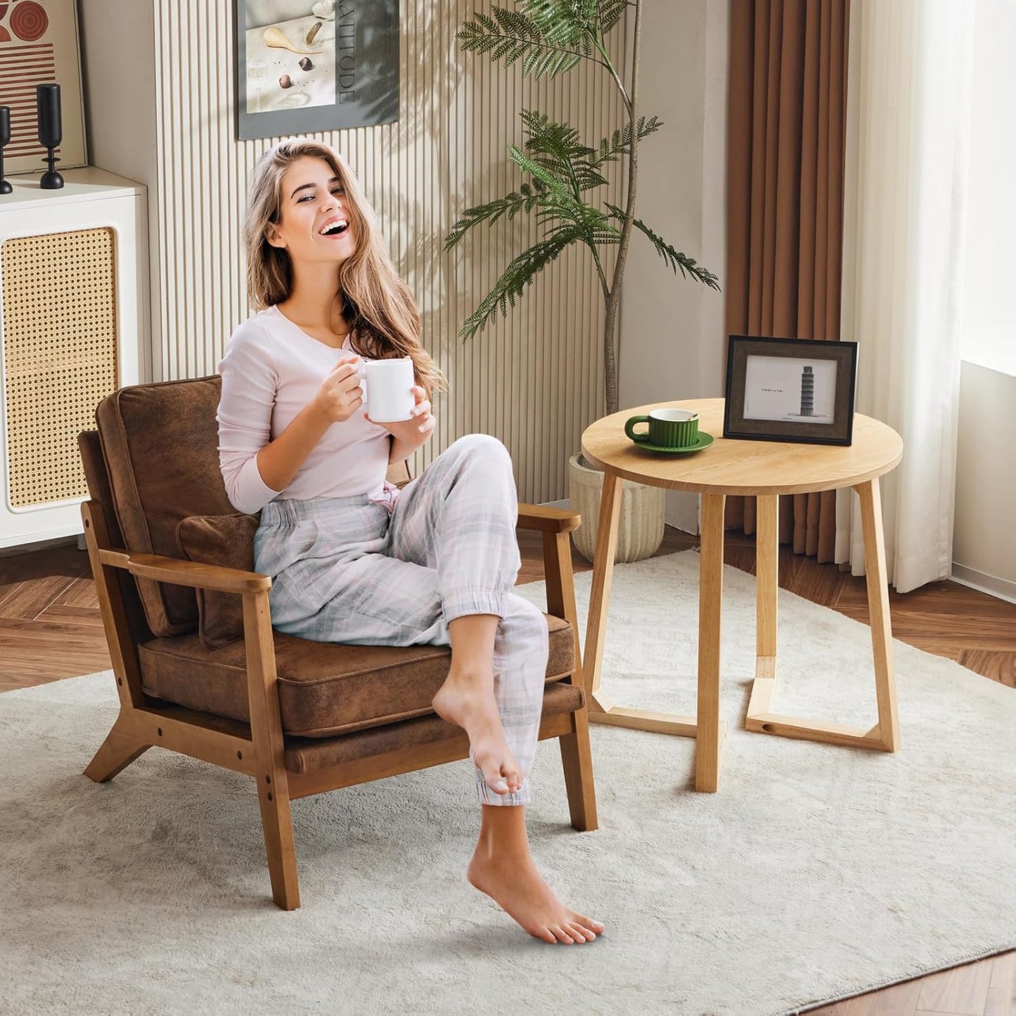 Karl home Accent Chair Wide Armrest Mid-Century Lounge Chair Bronzing Cloth Armchair with Lumbar Pillow & Solid Wood Frame for Living Room, Bedroom, Balcony, Brown