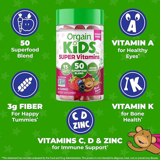 Orgain Kids Sugar Free Multivitamin Gummies, 50 Superfoods, 15 Vitamins 3g of 4+, 1 1 Month (60 Gummies)