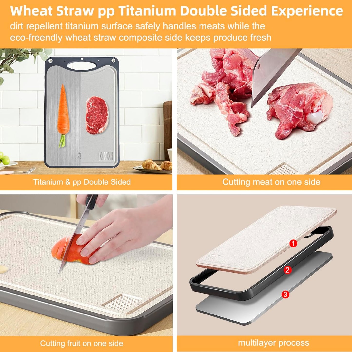Titanium Cutting Board for Kitchen,Suitable for Handling Meat and Vegetables,Cutting Board Double Sided Food Grade,Pure Titanium and Wheat Straw PP,Dishwasher Safe, Easy to Clean, 15.08 * 10.35 Inches