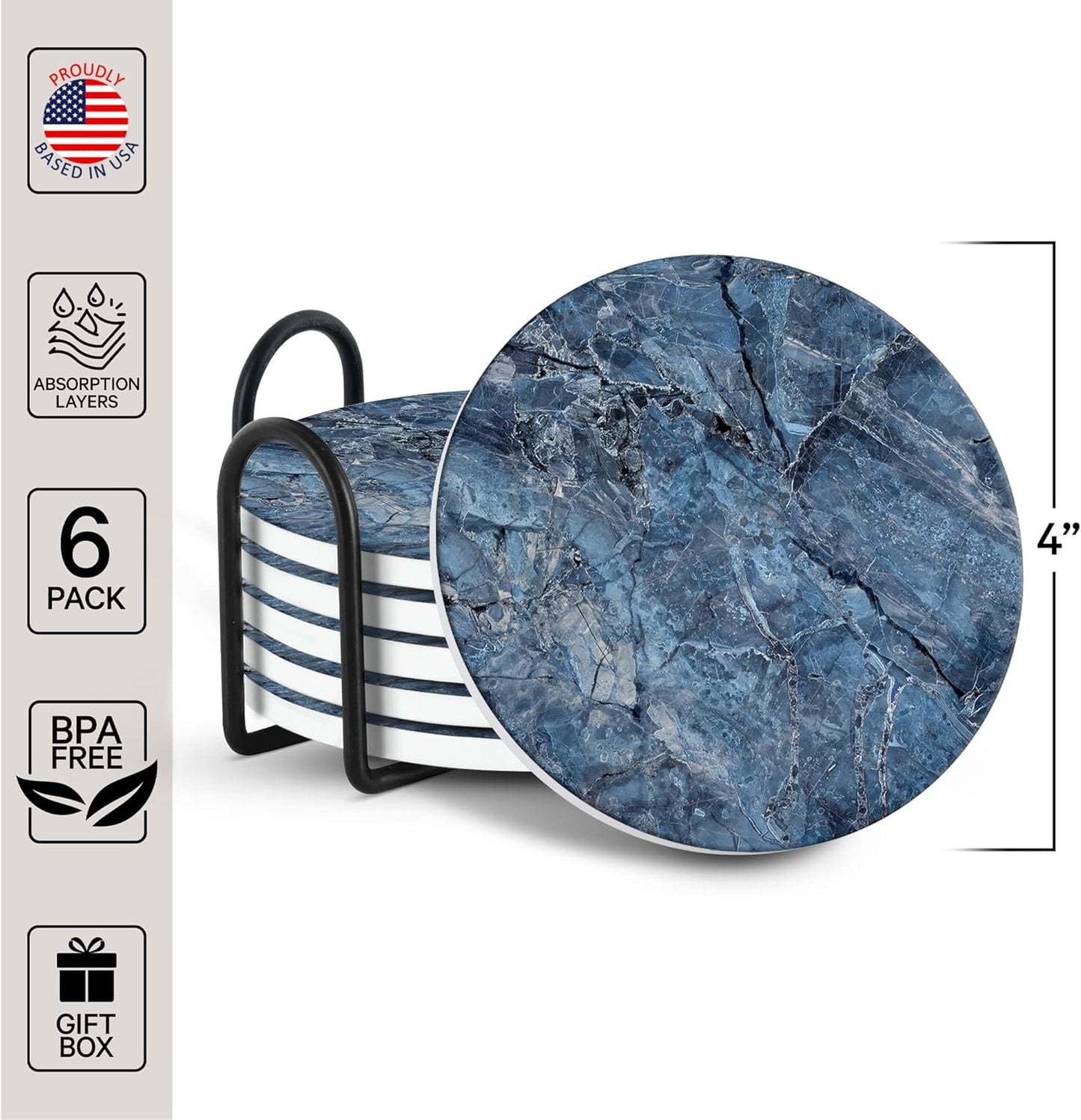 Emerson Coasters for Drinks Absorbent – Natural Stone Drink Coasters Set with Holder, Coasters for Coffee Table, Wooden Tabletop Protection Marble Style – 100% Heavy Duty Set of 6 (Mystic)