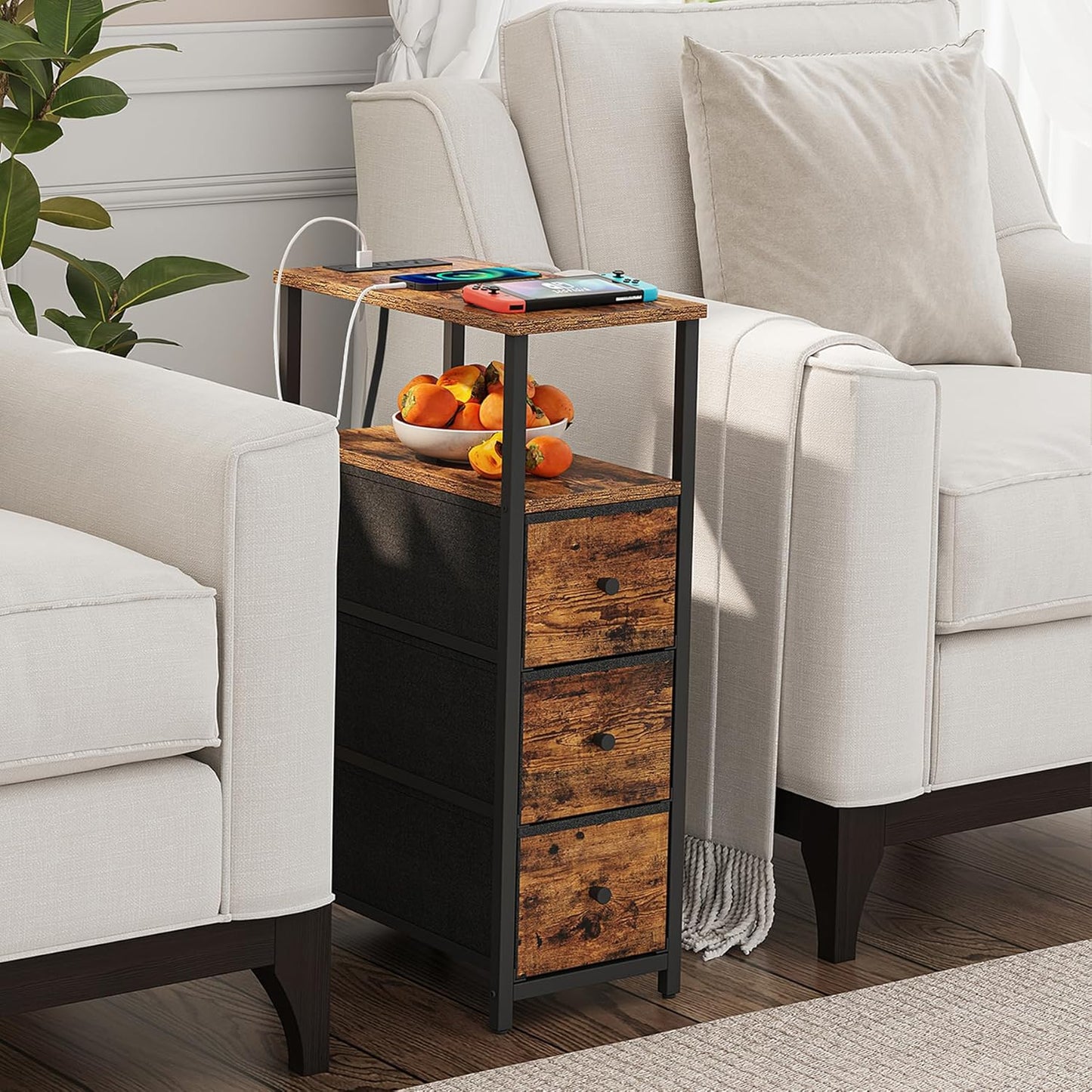 TUTOTAK Narrow Night Stand with Charging Station, Slim End Table with Plugins, Tall Side Table with 3 Fabric Drawer, Small Bedside Table with Storage, Living Room, Bedroom, Brown TB01BB086