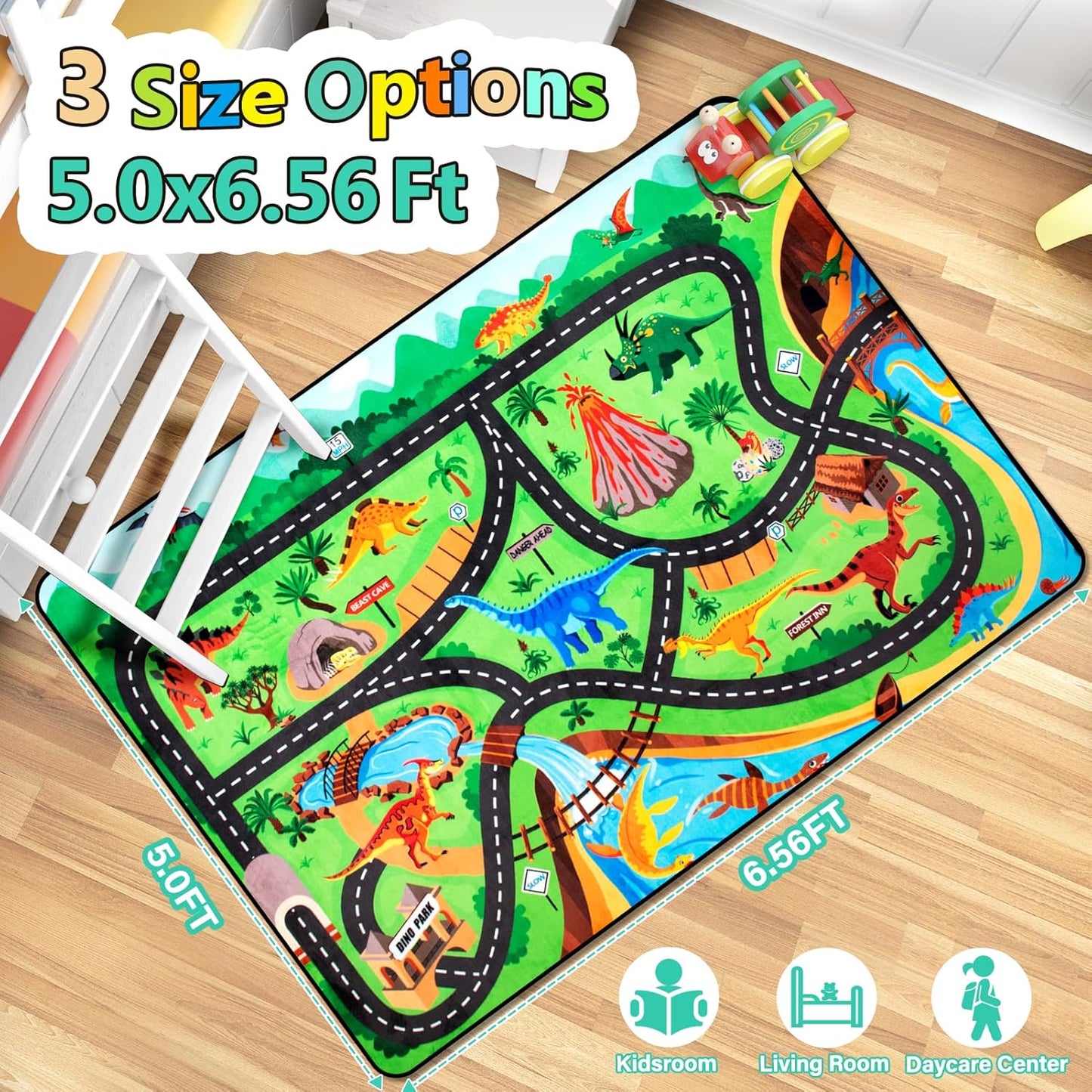 Kids Rug, Car Carpet for Kids' Toy Cars, 5x7 Ft Dinosaur Rug, Dino Safari Road Mat for Playroom, Educational Learning & Game Area Baby Play Mat Carpet for Children