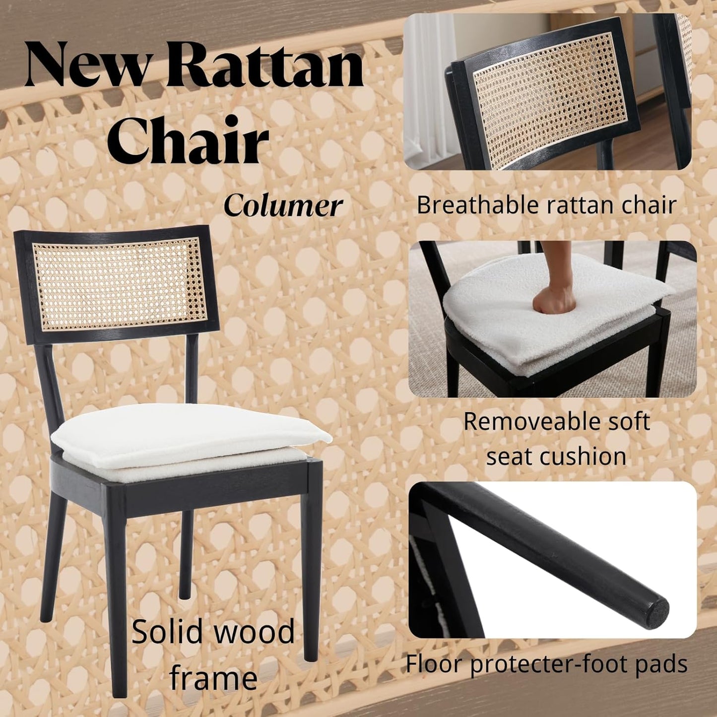 Rattan Dining Chairs Set Of 4 , Mid Century Modern Black Wooden Cane Back Chairs with Removable Sherpa Cushion , Retro Farmhouse Upholstered Kitchen & Dining Room Chairs for Restaurant Living Room